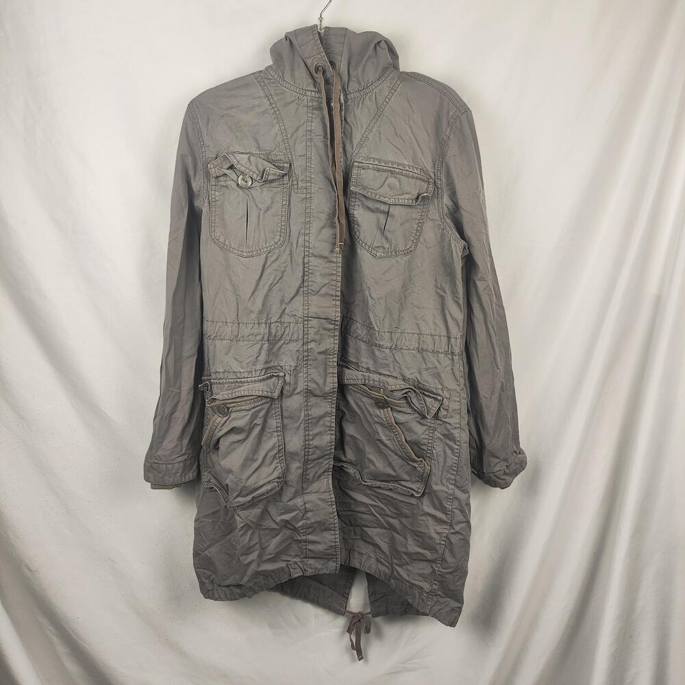 Old Navy Coat Womens Medium Gray Hooded Twill Anorak Zip Pockets Lightweight